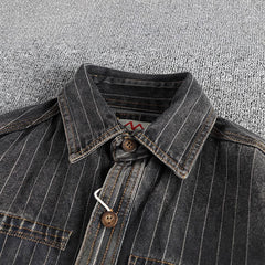 Men's British Retro Black Gray Striped Denim Shirt