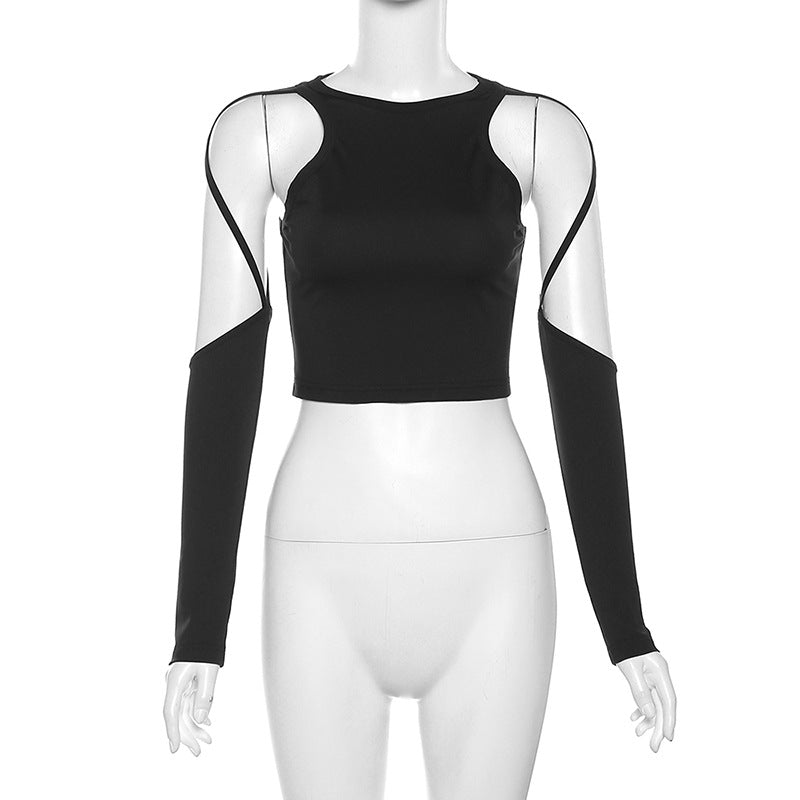 Fashion Women's Wear Long Sleeve Round Neck Hollow-out Navel T-shirt