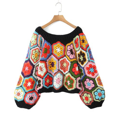 Pullover Round Neck Long Sleeves Color Matching Diamond Lattice Sweater