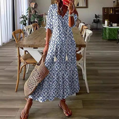 Long Sleeve Loose Bohemian Printed V-neck Maxi Dress
