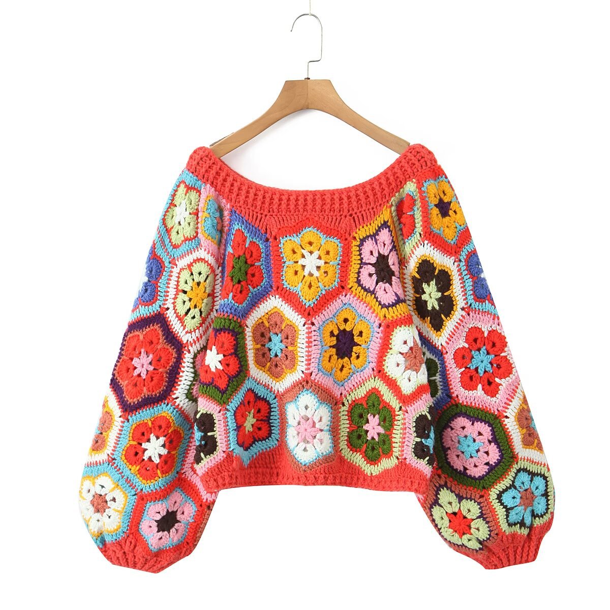 Pullover Round Neck Long Sleeves Color Matching Diamond Lattice Sweater