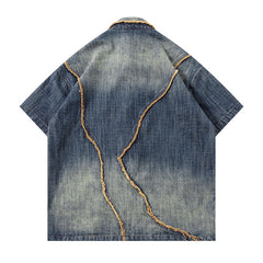Worn Looking Washed-out Gradient Design Sense Denim Short Sleeve Shirt Men