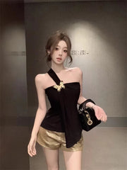 Women's Summer Slim-fit Pure Tube Top Vest Black Short