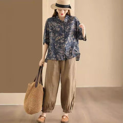 Retro Fried Color Printing Cotton Linen Shirt