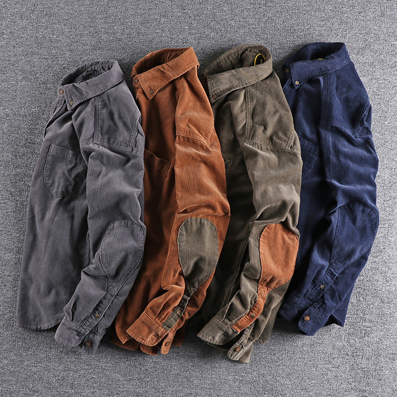 Retro Trendy Sleeve Color Matching Men's Corduroy Long Sleeve Shirt