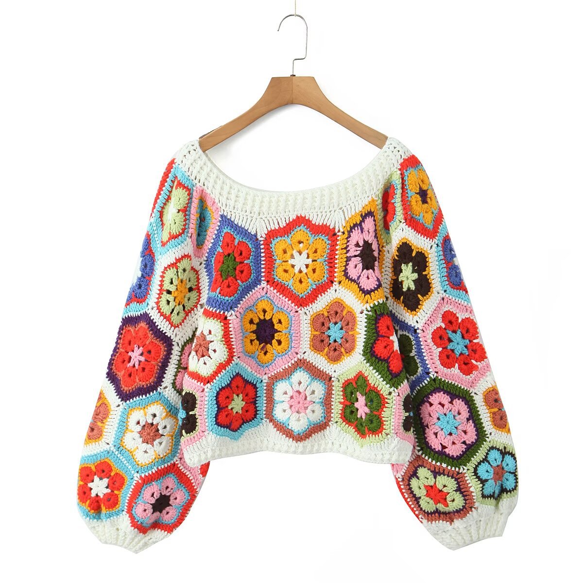 Pullover Round Neck Long Sleeves Color Matching Diamond Lattice Sweater