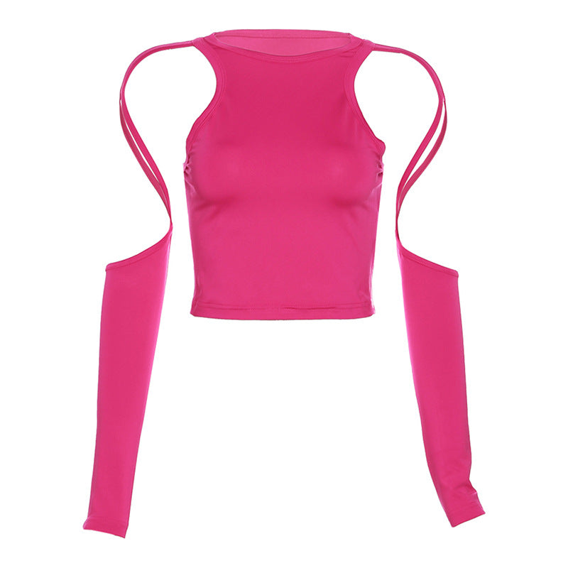 Fashion Women's Wear Long Sleeve Round Neck Hollow-out Navel T-shirt