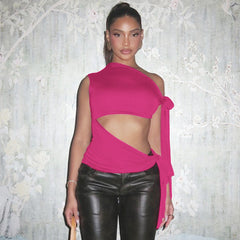 Personalized Retro Ribbon Shoulder Sleeveless Sexy Solid Color Slim Vest