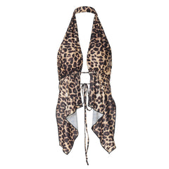 Leopard Print Short Halter Cardigan Vest Top For Women