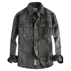 Men's British Retro Black Gray Striped Denim Shirt