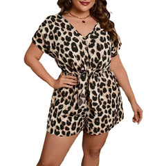 Sexy V-neck Leopard Print Short Sleeve Lace-up One-piece Shorts