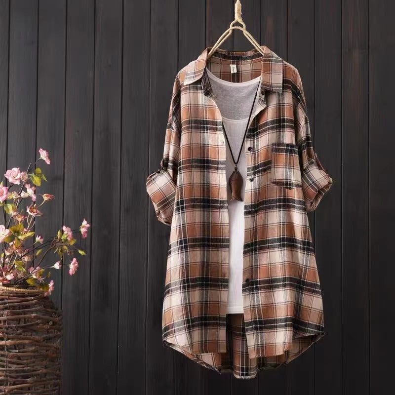 Loose And Idle Plaid Shirt Women's Mid-length Autumn Hongkong Style Coat
