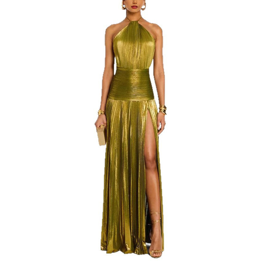 Women's Pleated Split Lace-up Halter Dress