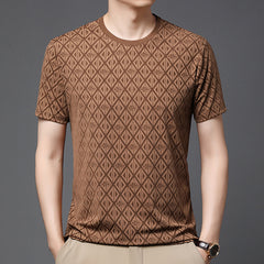 Men's Round Neck Jacquard Short Sleeve Cool Antibacterial Fashion Brand Casual Fashion Half Sleeve