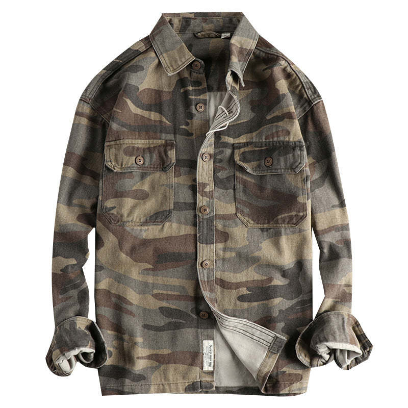 Washed Out Vintage Cotton Workwear Long-sleeved Shirt Coat