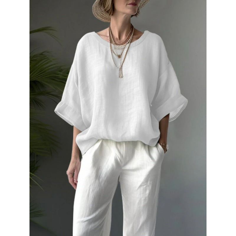 Women's Solid Color Casual Round Neck Loose Shirt