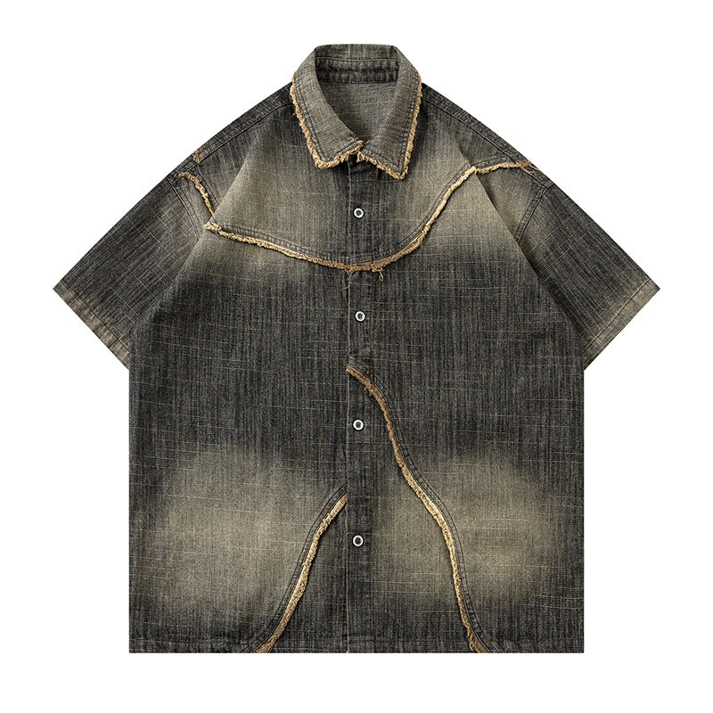 Worn Looking Washed-out Gradient Design Sense Denim Short Sleeve Shirt Men
