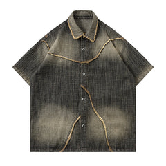 Worn Looking Washed-out Gradient Design Sense Denim Short Sleeve Shirt Men