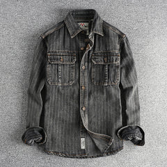 Men's British Retro Black Gray Striped Denim Shirt