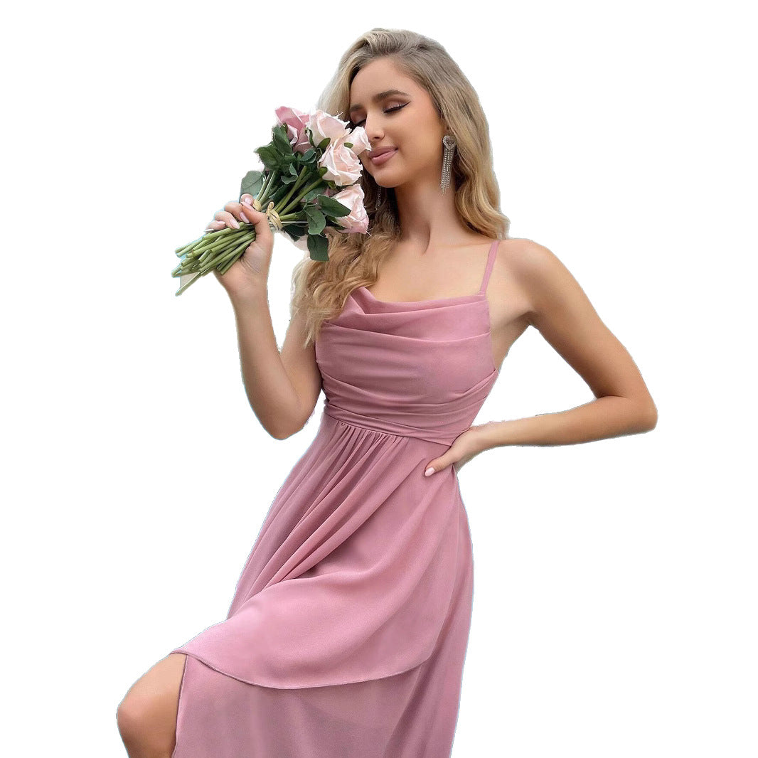 Short Front And Long Shoulder Strap Party Ball Gown Temperament Dress