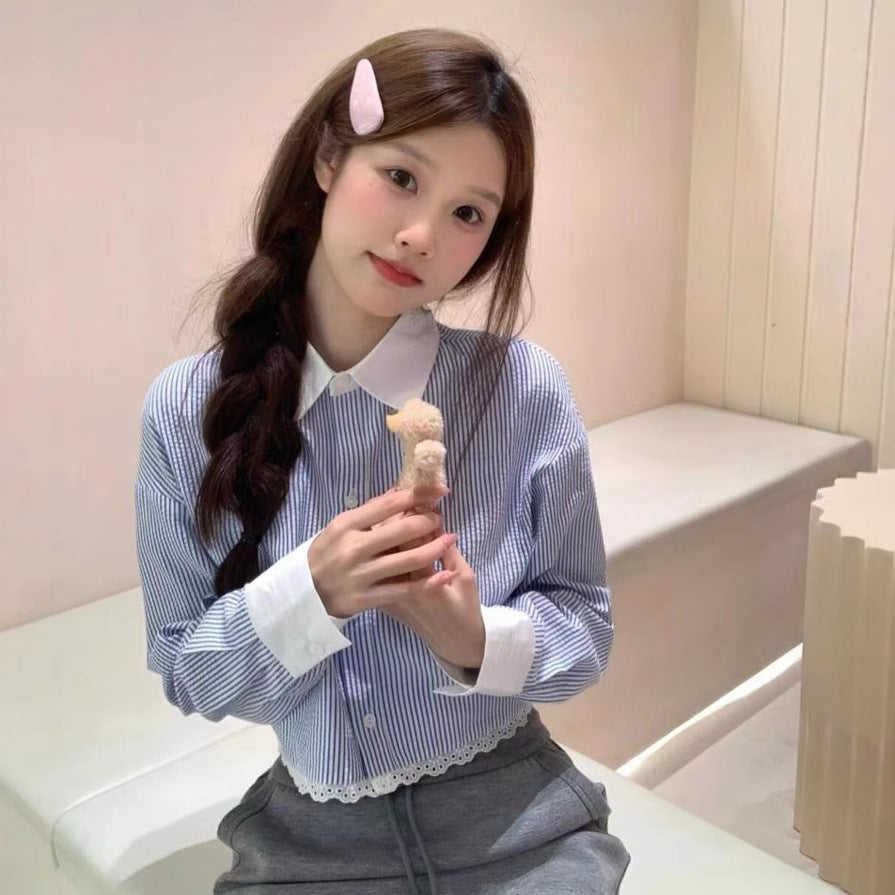 Blue Striped Long-sleeved Shirt For Women Spring And Autumn New Loose