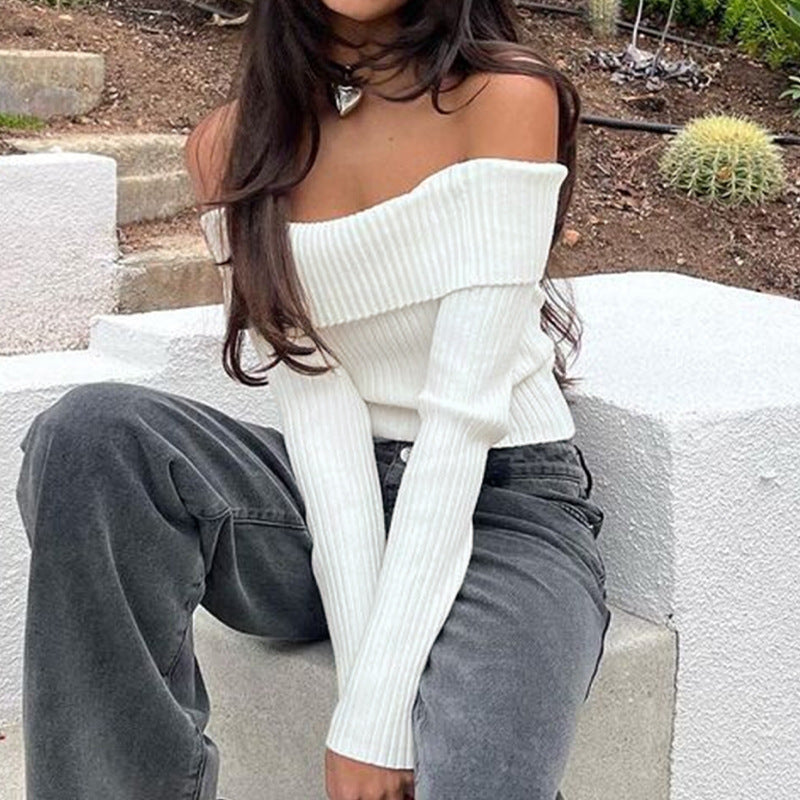 European And American Fashion Short Knitwear Long Sleeve Off-the-shoulder Off-the-neck Pullover Sweater