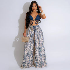 European And American Sexy Strap Lace-up Loose Jumpsuit