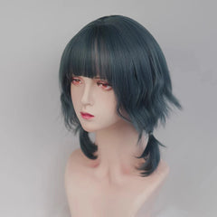 VICWIG Blue Short Wavy Mullet Head Wigs with Bangs Synthetic Lolita Cosplay Women Hair Wig for Daily Party