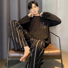 Men‘s Pajama Set Long Sleeve Black Striped Fall and Winter Youth Student Nightwear Loungewear Two Piece Set Sleepwear Homewear