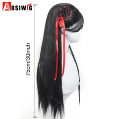 Anime Chinese Movies Cosplay Wig Black Long Straight Hair With Braid Red Ribbon Double Bun styleet Wig Cosplay Halloween Wig