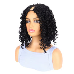 Wig, Lady V-shaped Hollow Black Short Curly Hair Hand-twisted Small Curls Synthetic Fiber Hair Cap