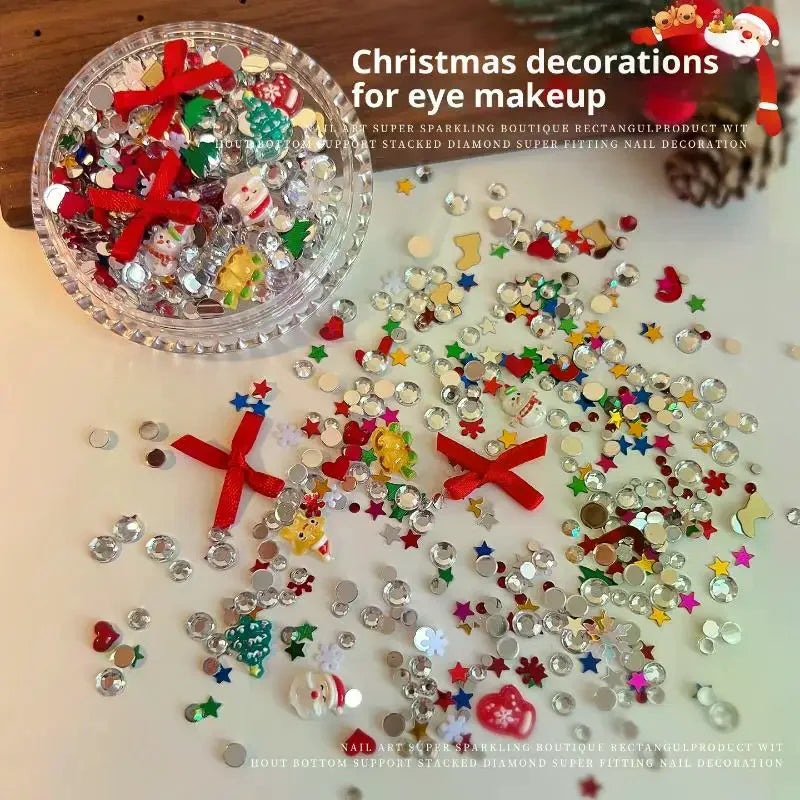 1 Box Cartoon Christmas Series Nail Charms Sequin Santa Claus Bow Rhinestone Nail Art Decoration Eye Makeup Decoration DIY