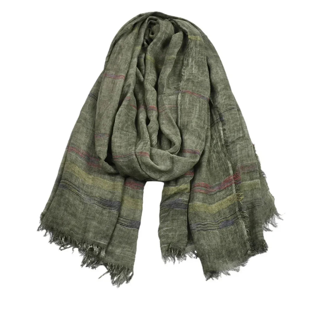 Mens Striped Cotton Linen Scarf Warm Fashion Wrap