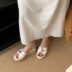 Brown Heeled Sandals Woman Wedge Platform Slippers Summer Straw Fabric Beach Shoes Metal Black High Heels Sandals For Ladies