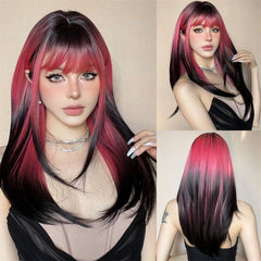 Wig full head cover, pink gradient dark brown wig, straight hair wig with bangs, suitable for women's daily role-playing,