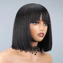 Human Hair Wigs for Women with Bangs 2x4 Lace Front Wig Straight Short Bob Wig Human Hair Natural Color 10 12 14Inch