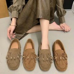 Flats Luxury Summer All-match Flat Bean Shoes Slip-on Lazy Women's Shoes Soft Soles Shallow Mouth Retro Tassel Women's Shoes