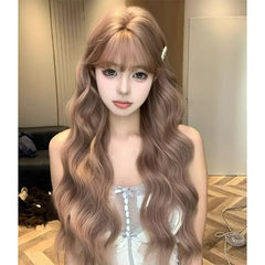 Synthetic Hair Wig Cameo Brown Color Wavy Style With Bangs Wig For Women Asian Ladies Daily Use Cosplay Natural And Realistic