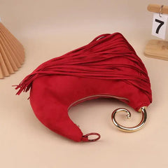 Trendy Vintage Evening Bags for Women, French Luxury Faux Suede Tassel Handbags with Durable Metal Handle