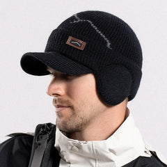 Men's Skullies Beanies with Visor for Warmth Winter Knit Earmuffs Thick Wool Lined Skull Ski Baseball Cap Winter Outdoor Riding