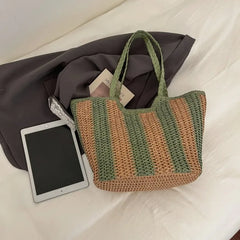 Tote Bag with Natural Two-Tone Straw Woven Finish & Braided Handle, Stylish & Breathable for Everyday Casual Activities & Work
