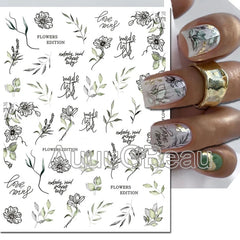 Nail Art 3d Decals Retro Watercolor Grey Flowers Leafs Letters Message Adhesive Sliders Nail Stickers For Manicure