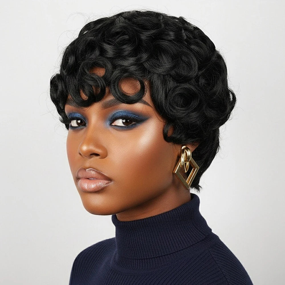 Short Curly Human Hair Wigs Pixie Cut Wig with Bangs for Women 100% Brazilian Human Hair Machine Made Pre Plucked Ready to Wear