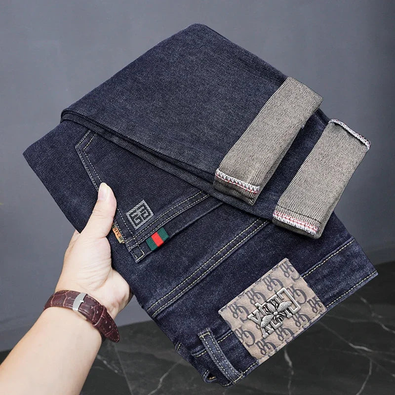 Spring Fashion Elastic Waist Vintage Pant Male Denim Straight High Street Trousers Ripped Soft Stretch Slim Fit Jeans Casual Men
