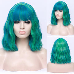 VICWIG Cosplay Short Synthetic Long Wavy Curly Women Green Purple Pink Hair Heat Resistant Wig With Bangs for Daily Party