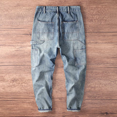 Spring Autumn American Vintage Causal Denim Jeans for Men Workwear 100% Cotton Old Washed Tapered Straight Harem Cargo Pants