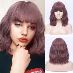 VICWIG Cosplay Short Synthetic Long Wavy Curly Women Green Purple Pink Hair Heat Resistant Wig With Bangs for Daily Party