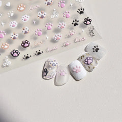 Nail Stickers Cat Cute Jelly Pink Cat Paw Cartoon 5D Embossed Relief Self Adhesive Nail Art Sticker 3D Manicure Decals DIY Parts