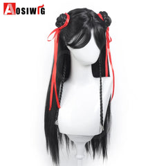 Anime Chinese Movies Cosplay Wig Black Long Straight Hair With Braid Red Ribbon Double Bun styleet Wig Cosplay Halloween Wig