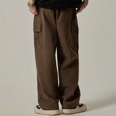 Men's Sweatpants 2025 Spring Autumn Vintage Japanese Wide Leg Straight Loose Button Big Pockets Cargo Pants Drawstring Trousers